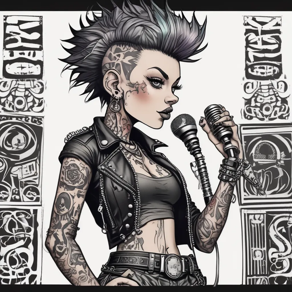  A punk rock doll with a strong, confident pose. Mohawk with vibrant, .
Leather jacket with spikes, a band tee, ripped fishnet stockings, and studded boots. a pose of bold punk persona. One hand on her hip, exuding confidence. holding a microphone or guitar, symbolizing her musical rebellion.
 punk culture symbols like anarchy signs, safety pins, and musical notes . Accessories: Piercings (nose, lip, eyebrow) and a few small tattoos on the doll herself. dövme