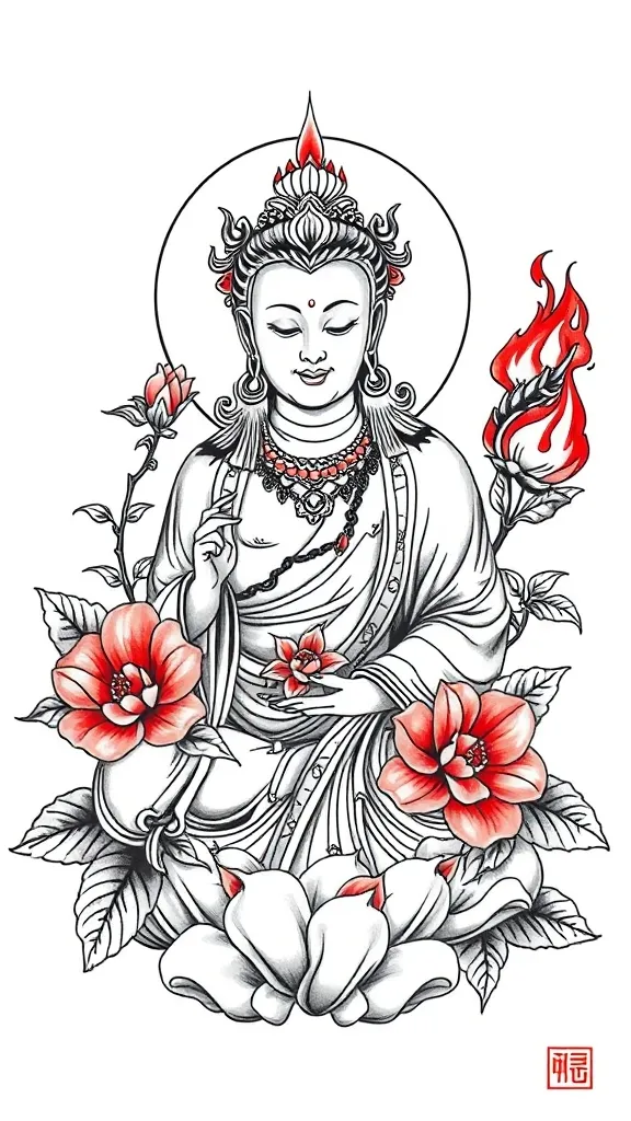 虚空藏菩萨 要求里面有山茶花 有五行的木和火 tetování