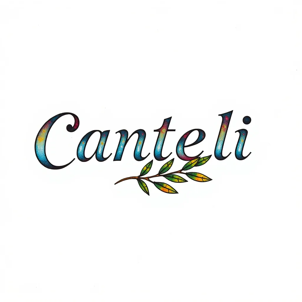 “ Canteli” en una tipografía serif ligera, enmarcado por una pequeña rama de olivo que acompaña la palabra por debajo. татуировка