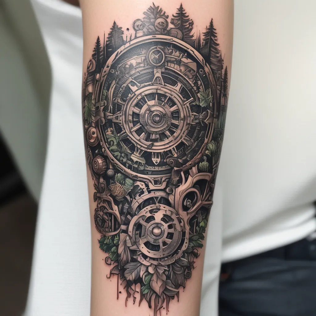  Depict a section of a forest where trees have mechanical components, such as gears and metal plating, mixed with natural bark and leaves tatoeage