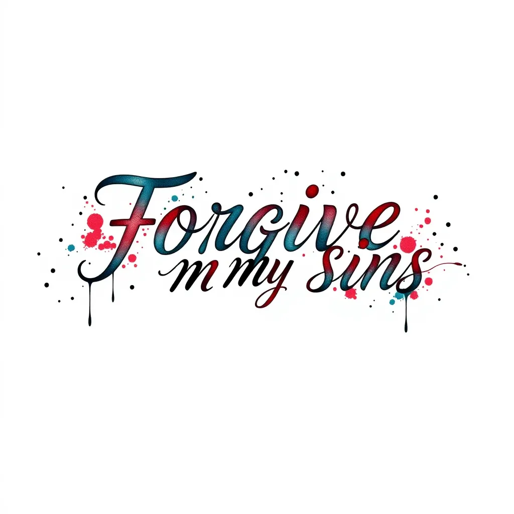  "Forgive My
Sins" in words with ink
splatter, all on 1 line, with cursive calligraphy  टैटू