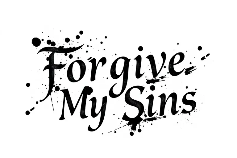 "Forgive My Sins" in words with ink splatter  入れ墨