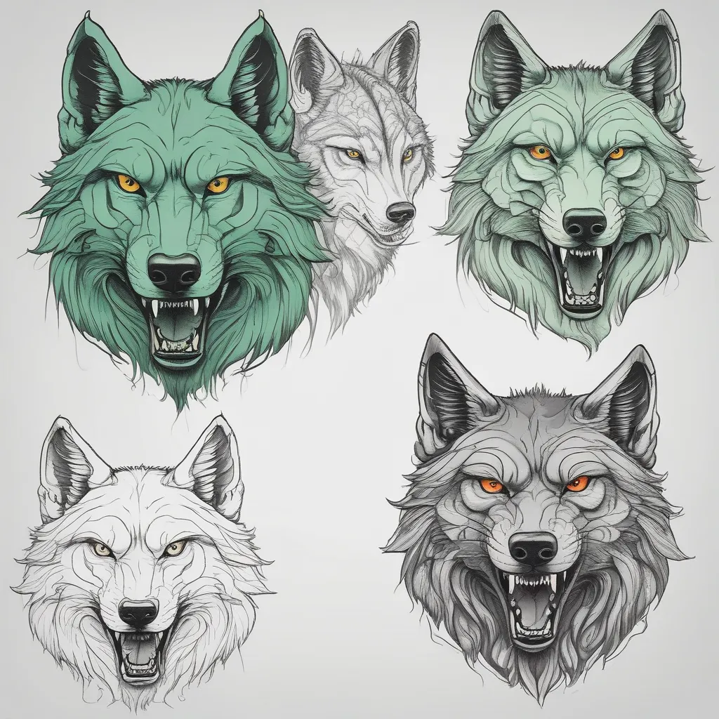 (hyper realistic ink complete tattoo draw, no colors, stencil ready) (red eye rabid furious growling wild turkish wolf,  calm looking serious turkish gray wolf, Light green Eye, side by side, one face higher than the other, separated by a lightning-like streak, both in the same unique draw, highly detailed inkwork) 문신