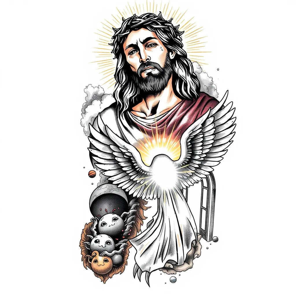 1. Parte superior (ombro e bíceps): Jesus com coroa de espinhos
Jesus com expressão serena e olhos voltados para o céu.
Fundo com nuvens e raios suaves, criando uma atmosfera celestial.
2. Parte inferior (antebraço): Anjo em travessia
Um anjo com asas envolto por luz, voando ou caminhando entre:
Inferno (parte mais próxima do pulso): figuras sombrias e caos.
Espaço/Transição (meio do antebraço): planetas, estrelas, vazio cósmico representando a jornada.
Portões do céu (mais próximos do cotovelo): grandes, abertos, com luz intensa vindo de dentro.
O anjo pode carregar uma alma ou estender a mão, representando redenção.
Ligação entre as partes:
Elementos contínuos como nuvens e luz tattoo