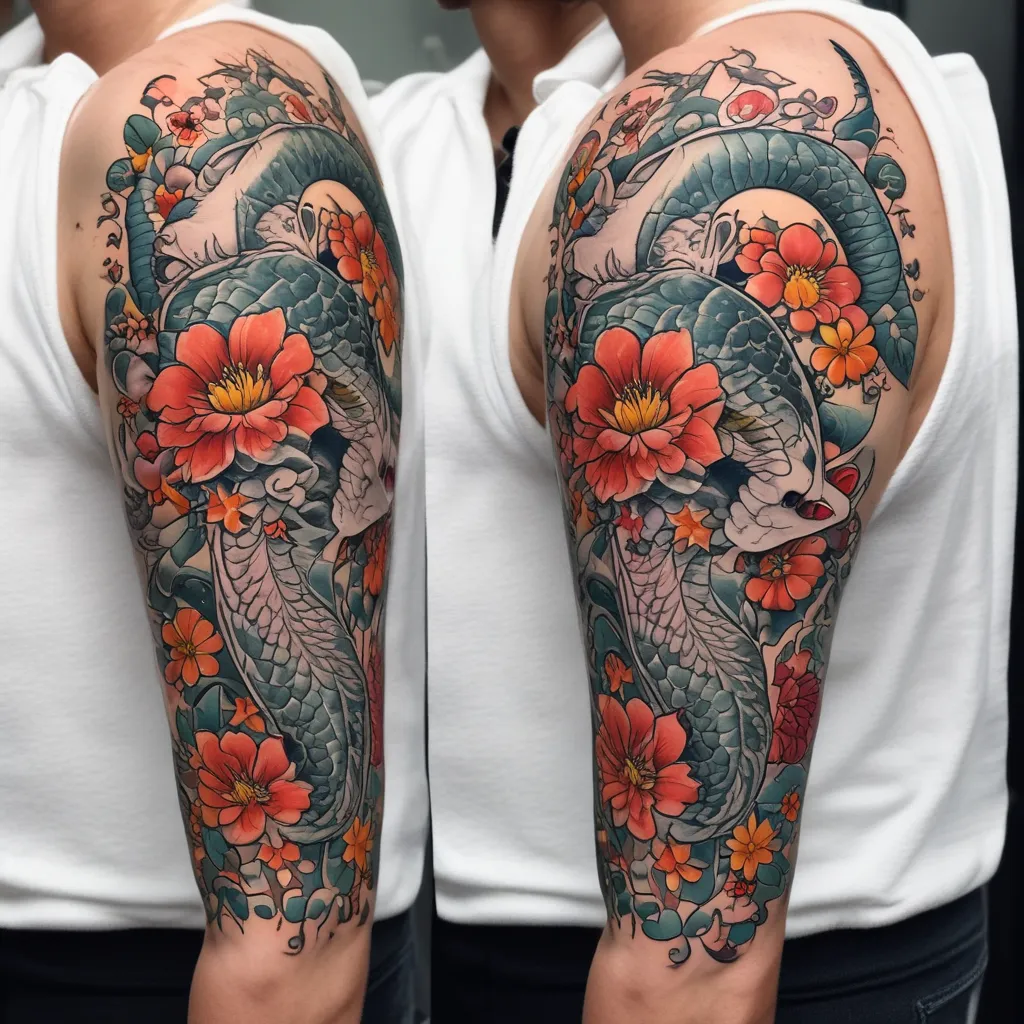 3/4 sleeve japanese style with catfish instead of koi and circus peanuts instead of flowers tetování