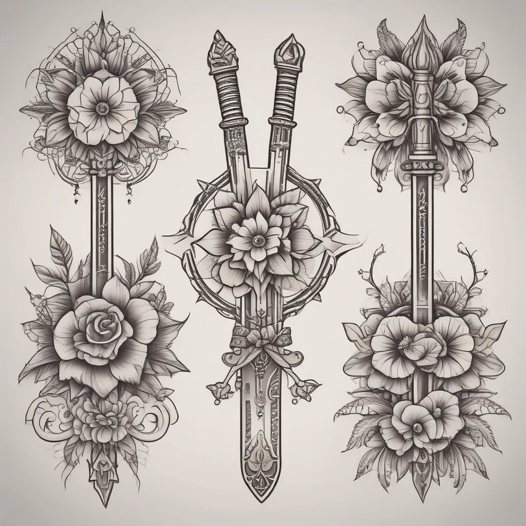 3 swords with some flowers and 3 names tatoeage