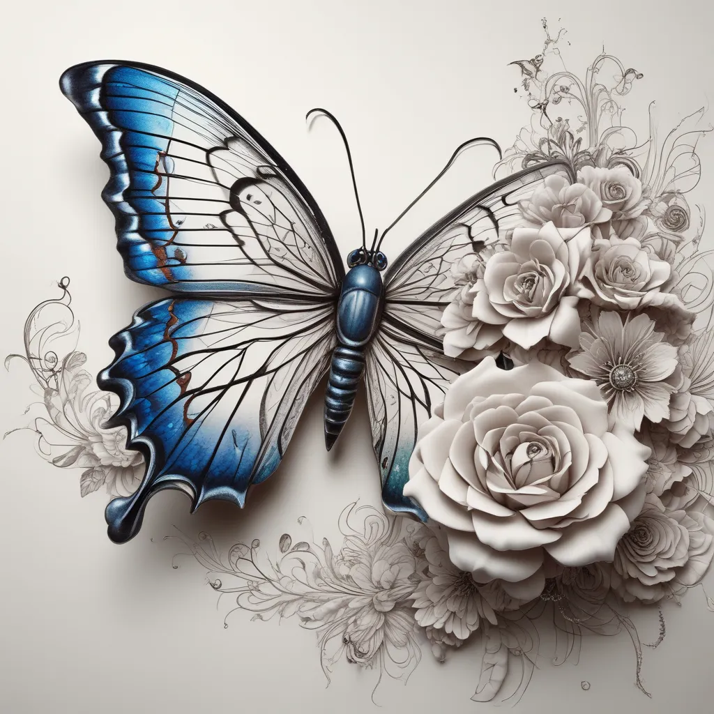  3D Schmetterling mit blumen und dat, tatuaggio