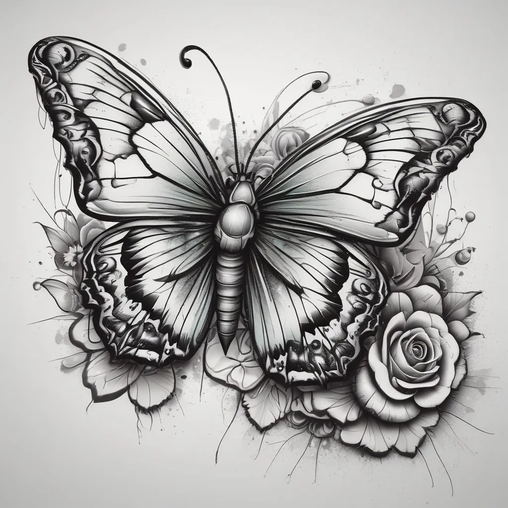 3d Schmetterling mit blumen und datum 24.05.2023 tatouage