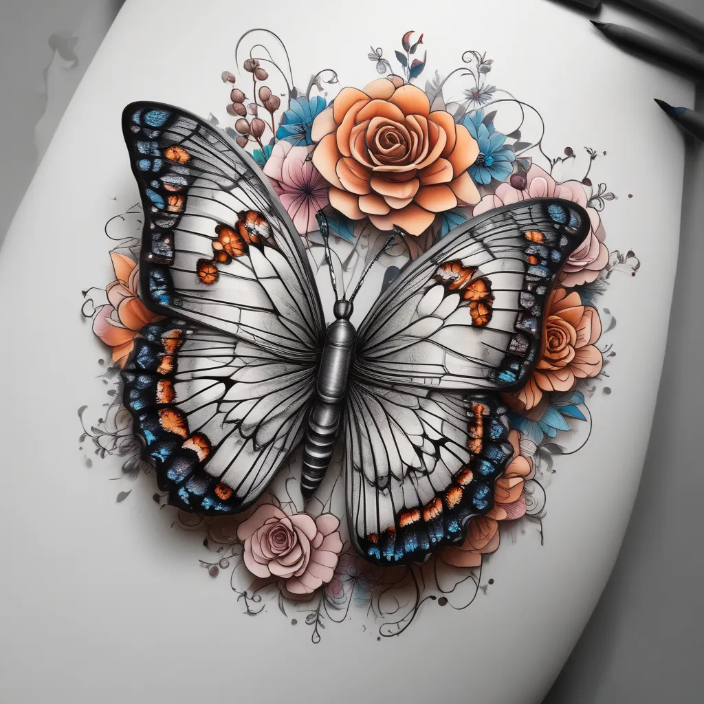 3d Schmetterling mit blumen keine rosen  und datum 24.05.2023 tatuering