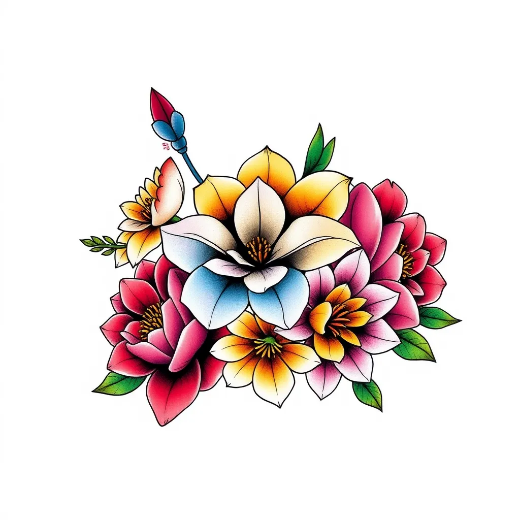 5 fleurs bouquet tatuagem