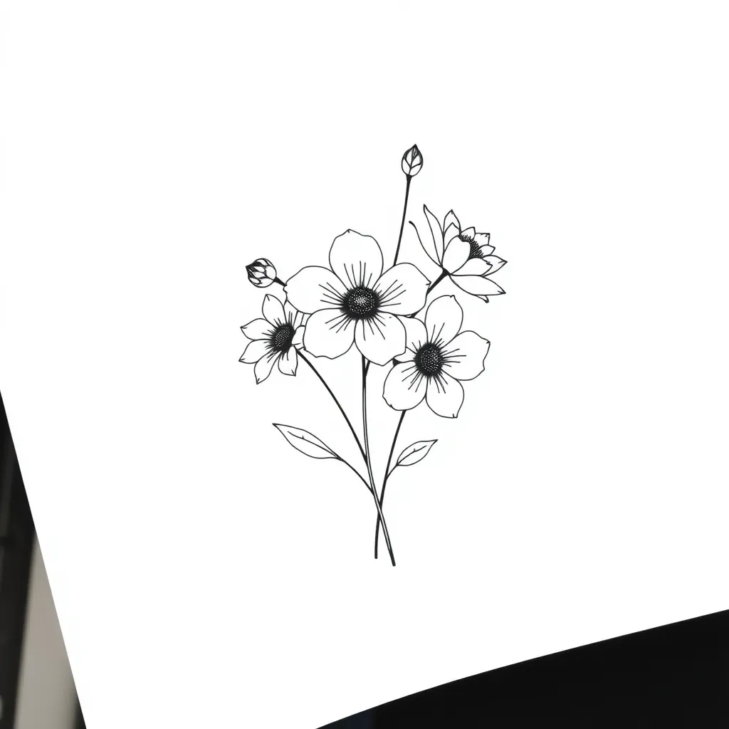 5 fleurs bouquet dessinées à la main τατουάζ