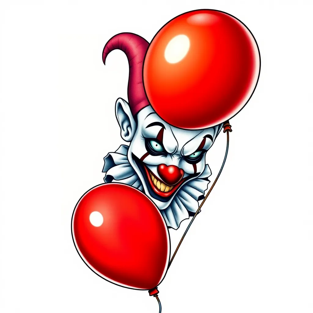 A 3D render of a clown with a twisted painted face, holding a red balloon. The clown is looking directly at the camera. His eyes gleam with malice. The background is dark. 纹身