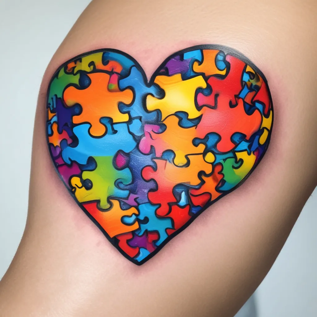 A 3D tattoo design of the autism puzzle piece, starting as a completed puzzle covering the entire right shoulder and then extending down right upper arm to the elbow and then breaking up into individual puzzle pieces as the pieces move down the lower arm from the elbow to end above the wrist. The puzzle pieces are vibrant and colorful, The tattoo is in full color and displayed on the right arm of a realistic male body model tatuagem