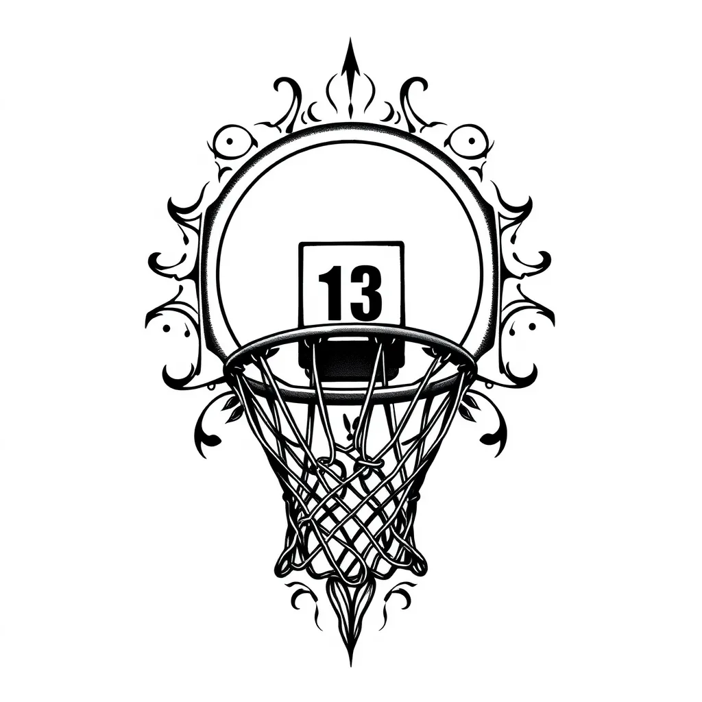 Un panier de basketball avec sa planche en vision d'en face et le numéro 13 dans le filets tattoo