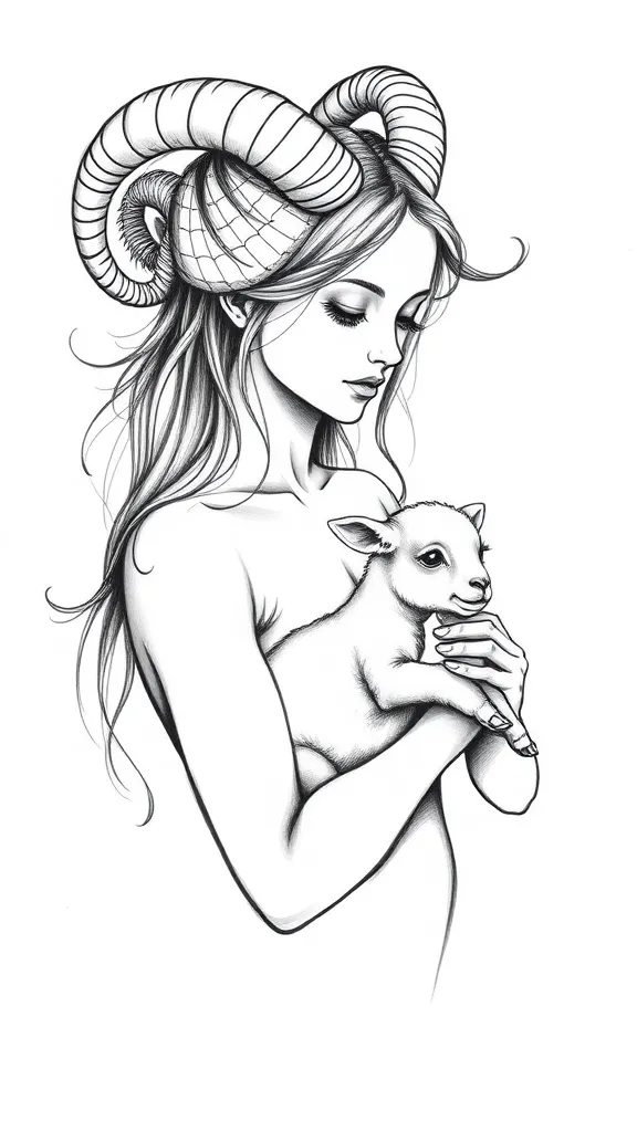 A beautiful girl with Aries horns is holding a small lamb in her hands. tattoo