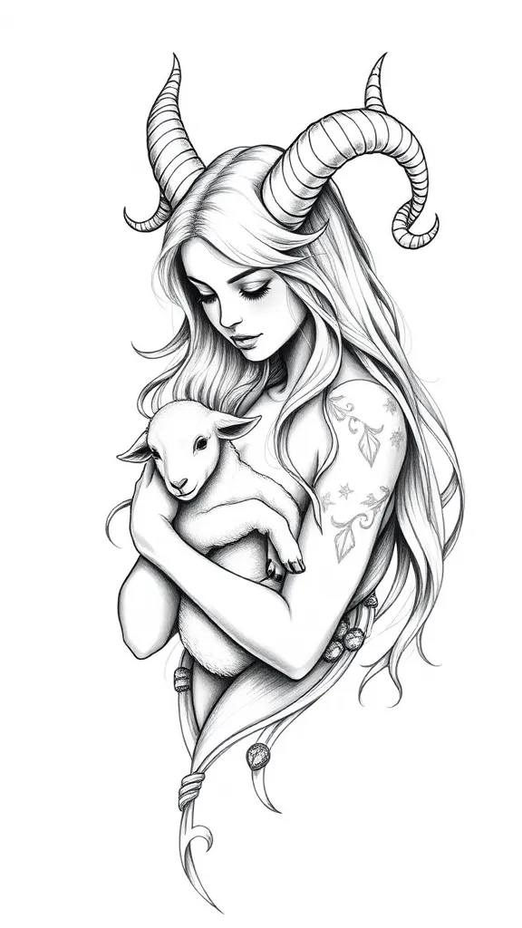  beautiful girl with Aries horns is holding a small lamb in her hands. The tattoo should be designed to cover the entire sleeve. tattoo