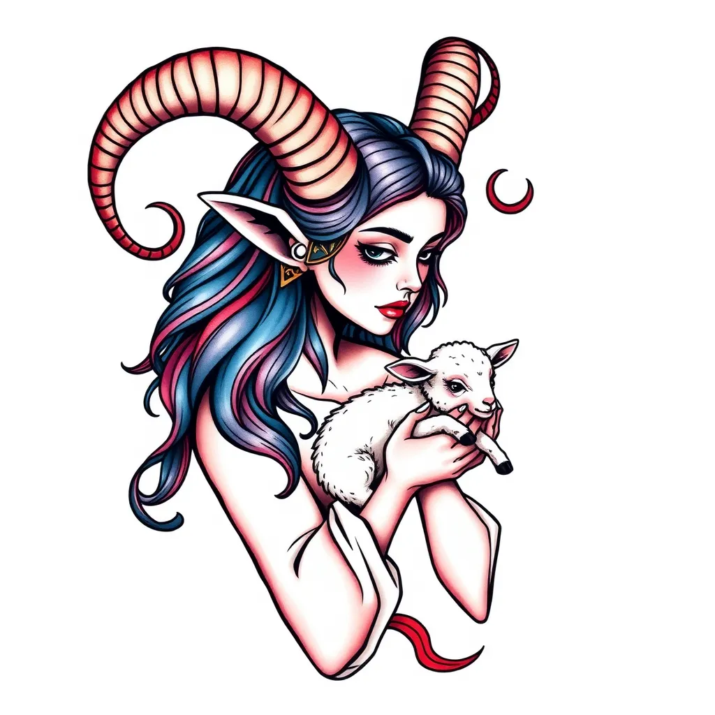 A beautiful girl with Aries horns is holding a small lamb in her hands. tattoo