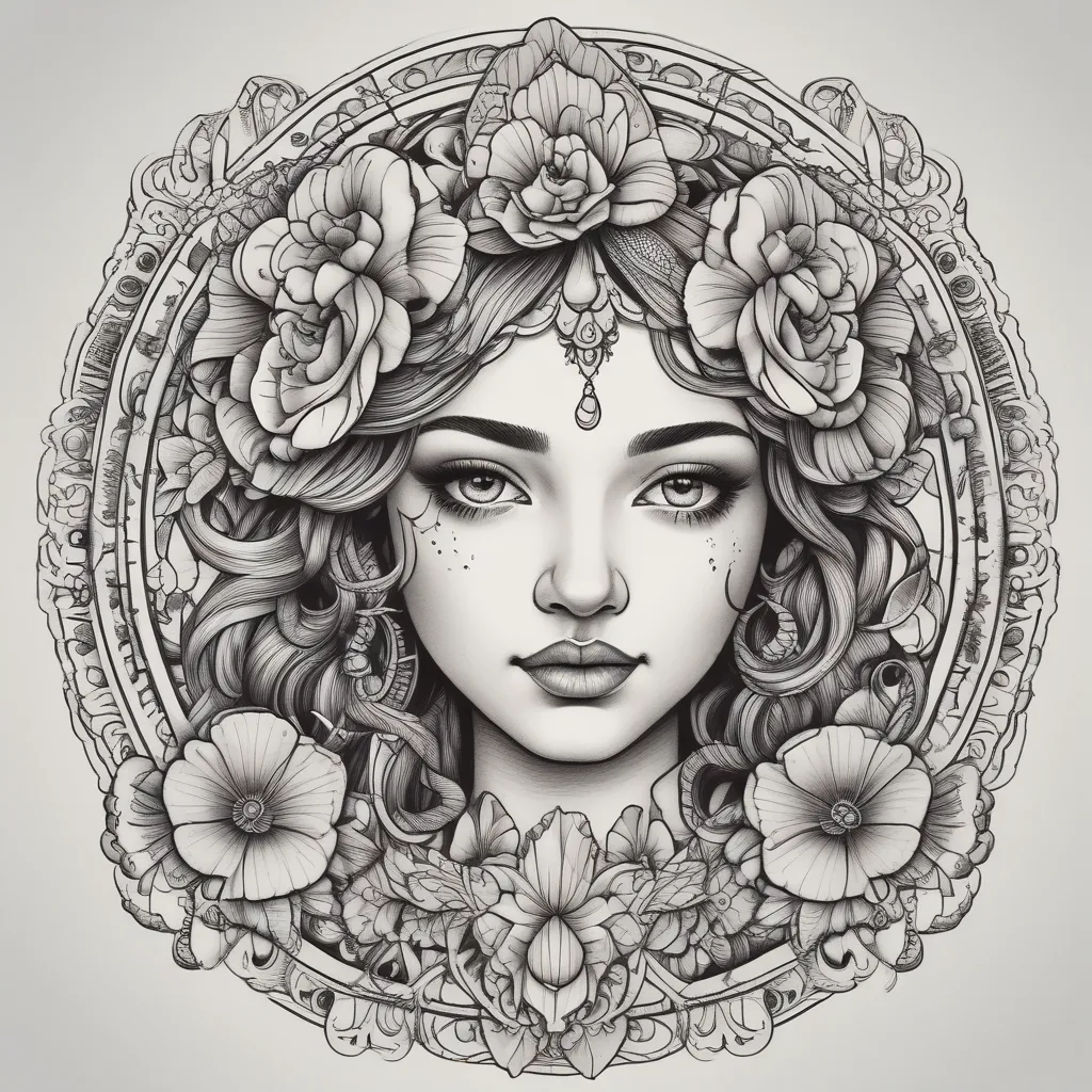 A beautiful tattoo design featuring a seashell elegantly placed on the forehead of a Mexican girl. The girl has traditional Mexican features with long, flowing hair adorned with flowers. The seashell should have intricate details and patterns, seamlessly blending with the girl's natural beauty. The design should capture a sense of cultural pride and natural harmony, with a slight hint of mysticism. This tattoo is intended for the left pectoral area, so it should be appropriately sized and shaped to fit this space comfortably. tatuaje