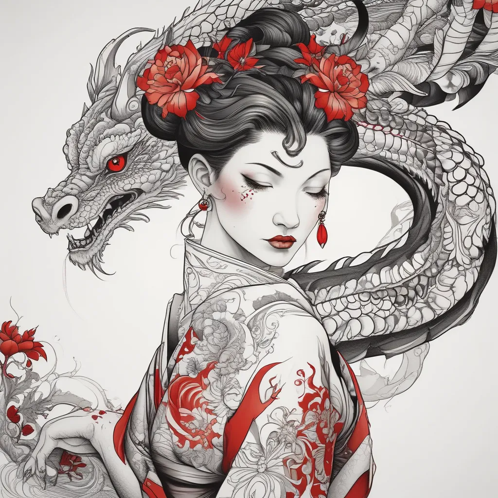 a beautiful woman in kimono and dragon black and red Tätowierung