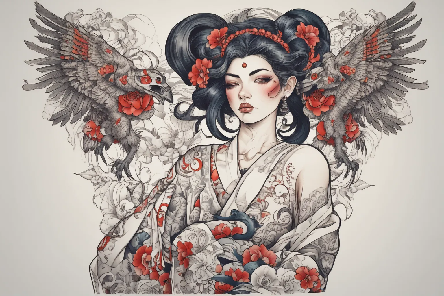 a beautiful woman in kimono and tengu mask tattoo