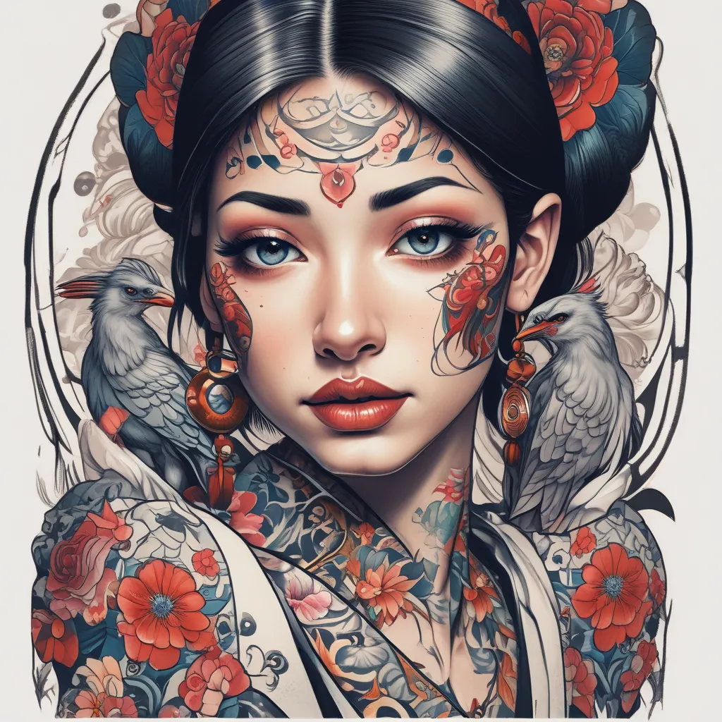 a beautiful woman in kimono and tengu mask  tatoeage