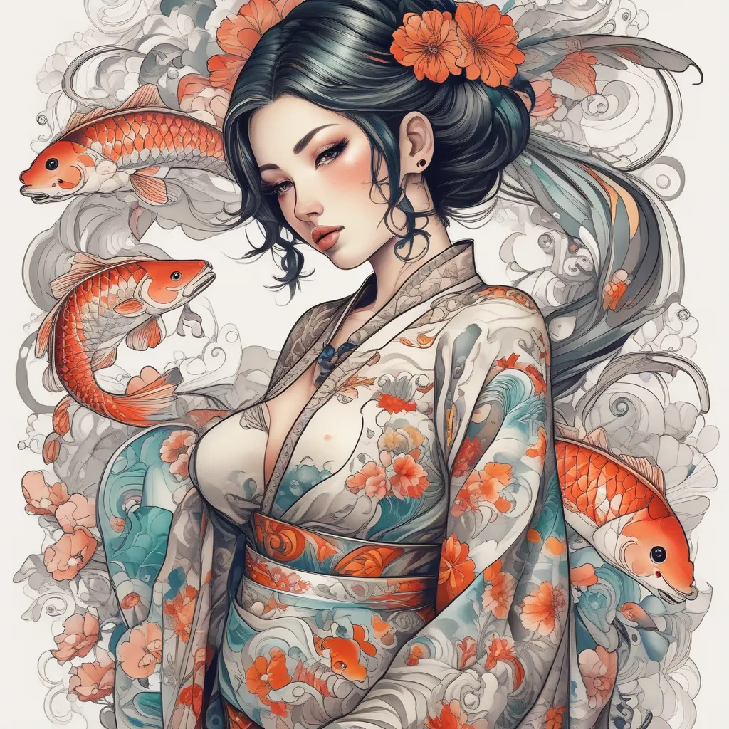 a beautiful woman with a very detailed face, with a voluptuous body wearing a kimono and some koi fish around her  tatuaggio