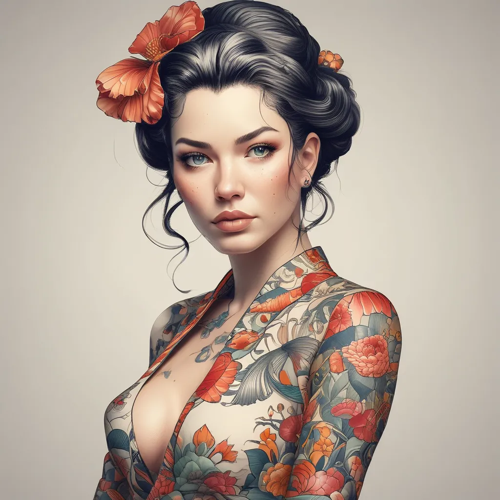 a beautiful woman with a voluptuous body wearing a koi fish kimono tetování