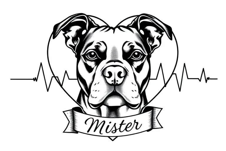 A black and white American Pit Bull Terrier head facing the viewer inside a heart with the lines of a heartbeat monitor going through it, a small ribbon banner at the bottom of the heart that says in beautiful cursive "Mister" Tattoo Idea tattoo