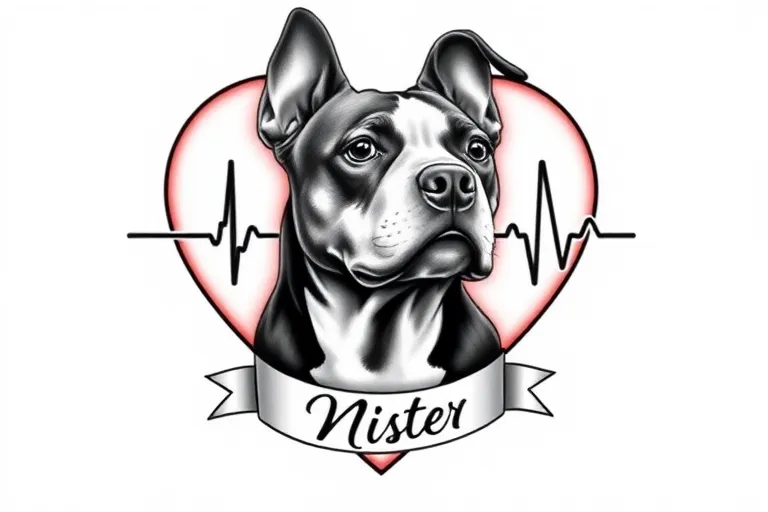 A black and white American Pit Bull Terrier head facing the viewer inside a heart with the lines of a heartbeat monitor going through it, a small ribbon banner at the bottom of the heart that says in beautiful cursive "Mister"  tattoo