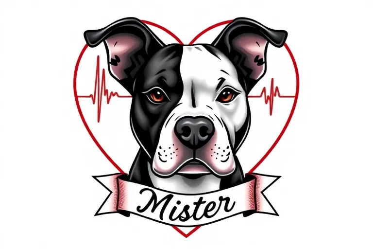 A black and white American Pit Bull Terrier head facing the viewer inside a heart with the lines of a heartbeat monitor going through it, a small ribbon banner at the bottom of the heart that says in beautiful cursive "Mister" Tattoo Idea tattoo