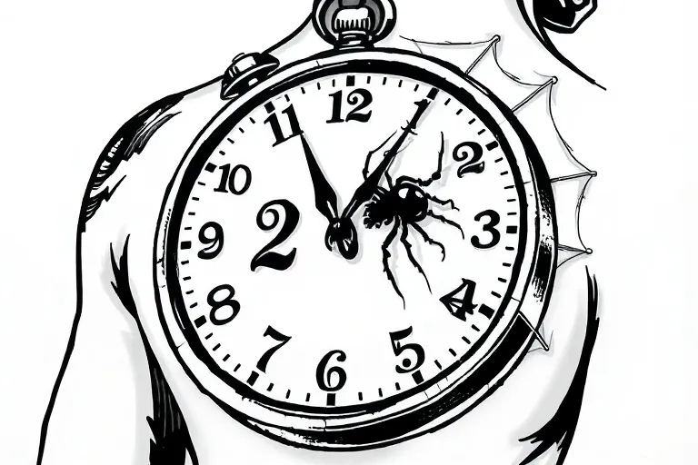 A black and white tattoo featuring a clock showing the time 23:53, combined with a spiderweb and a spider crawling outward from the web. Designed for placement across the shoulder and shoulder blade 纹身