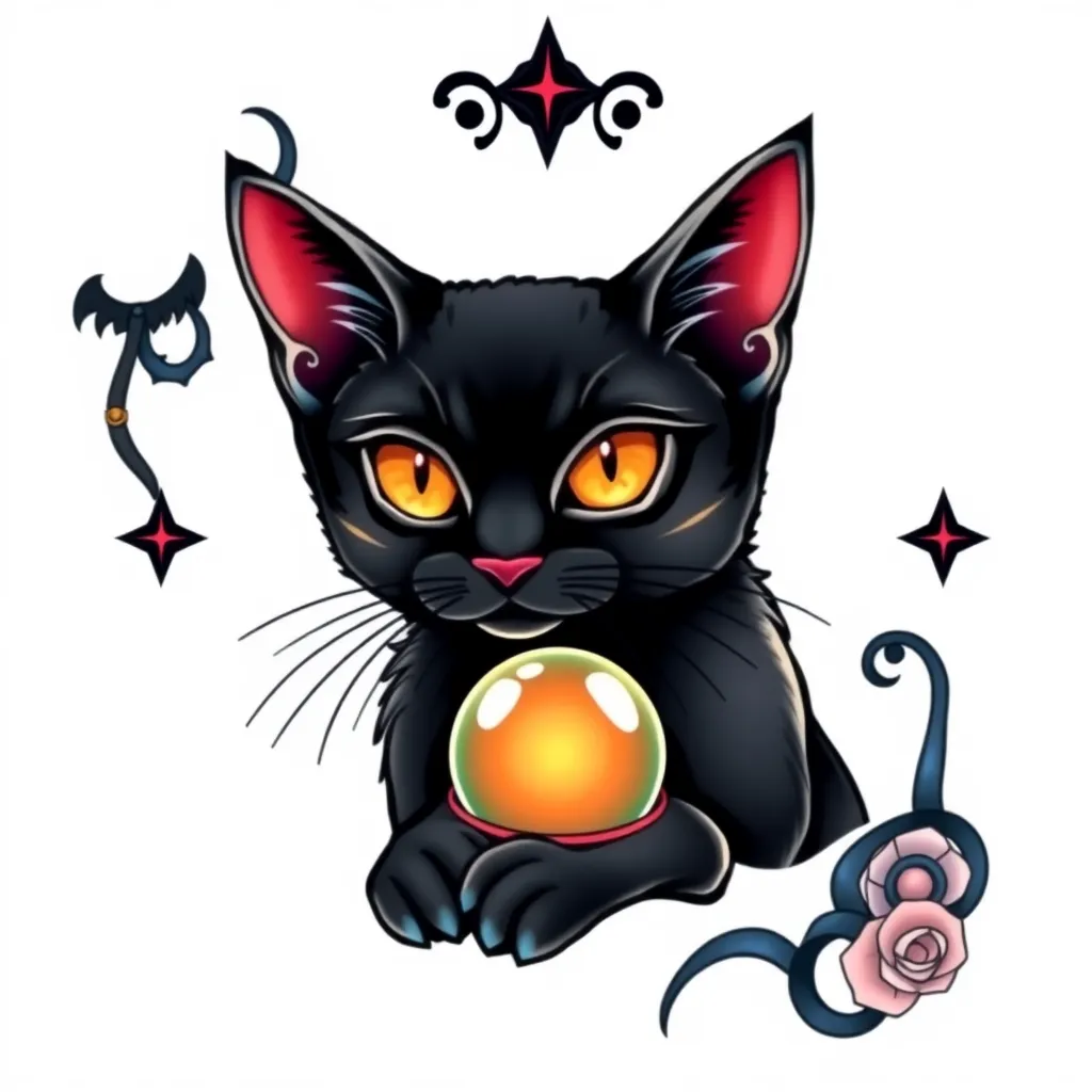 um gato preto olhando para uma bola de cristal tatuointi