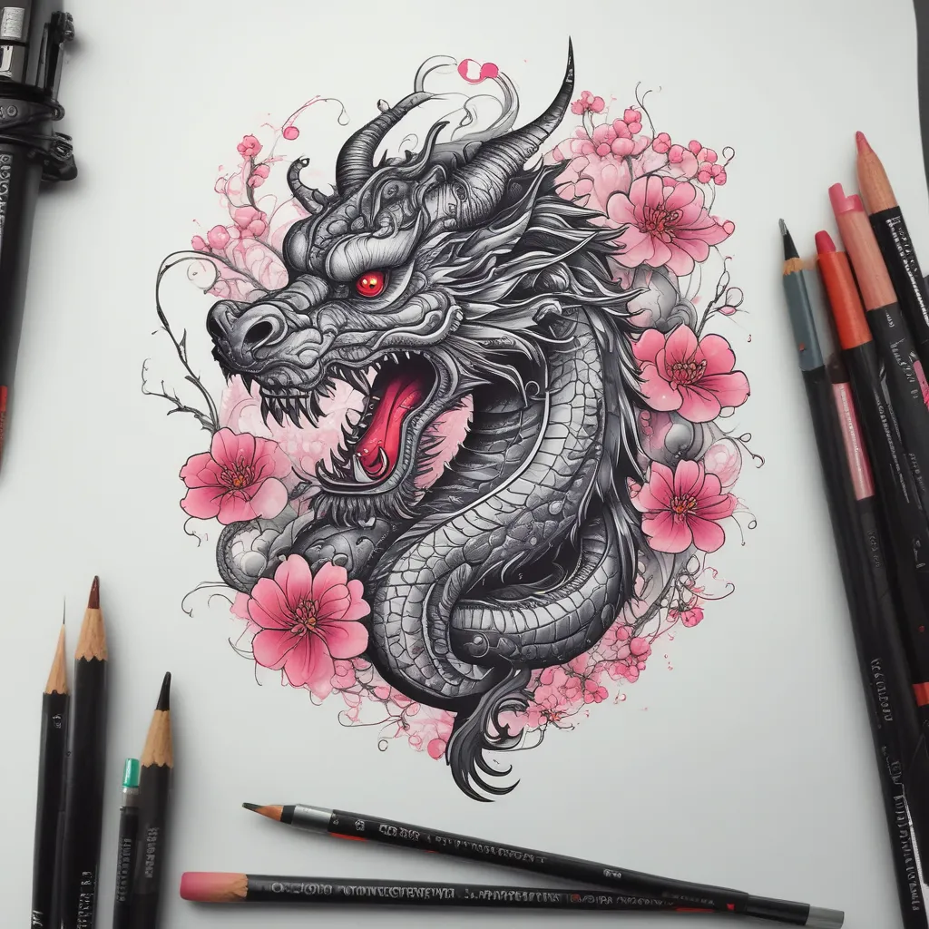 un dragon chino negro con pequeños detalles de fuego rojas y con pequeñas flores de cerezo rosadas tattoo