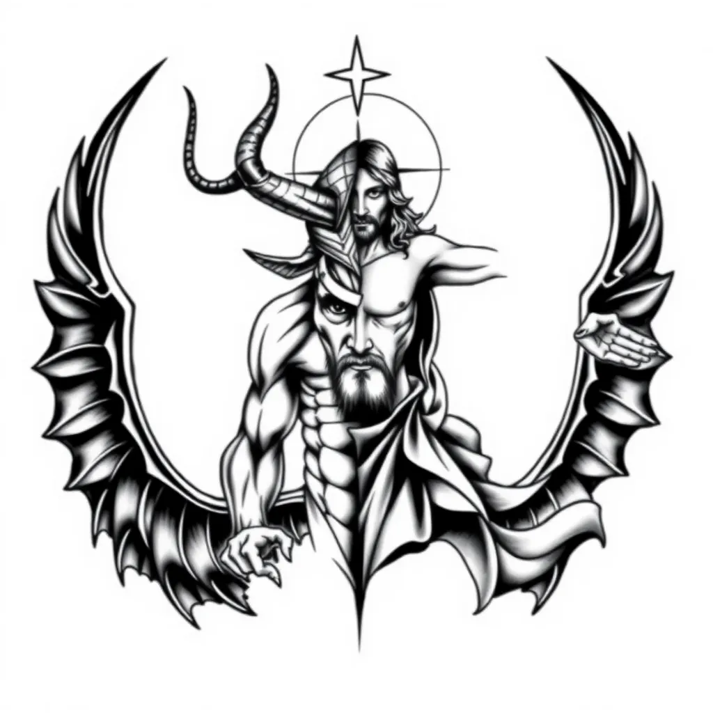 Diseño de tatuaje en color negro que muestra dos figuras completas y divididas a la mitad: en el lado izquierdo, la figura de Baphomet, con su cuerpo humanoide, torso musculoso, y alas oscuras; en el lado derecho, la figura completa de Jesucristo, con un cuerpo humano realista, posición serena y brazos extendidos en señal de paz o redención. Las dos mitades están claramente separadas en un estilo simétrico, manteniendo la identidad y los detalles de cada figura, sin fusionarse. La composición es detallada tatuagem