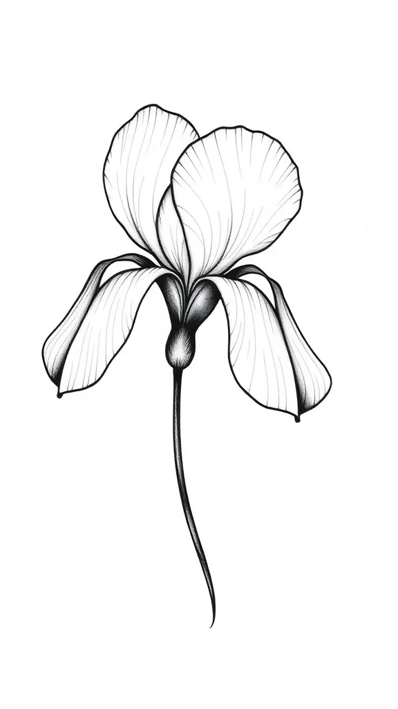 A black ink tattoo of a stylized iris flower with fine lines. The petals are simple and elegant, drawn with thin, precise lines. The stem of the iris flower subtly forms the letter 'L' in a flowing, natural curve. The 'L' should be an integral part of the design, with the stem starting from the base of the flower and clearly shaping the letter. The overall tattoo is minimalist, with thin black lines and a refined, modern aesthetic. The 'L' should be easily recognizable within the flower's stem, blending seamlessly with the organic flow of the design. tetování