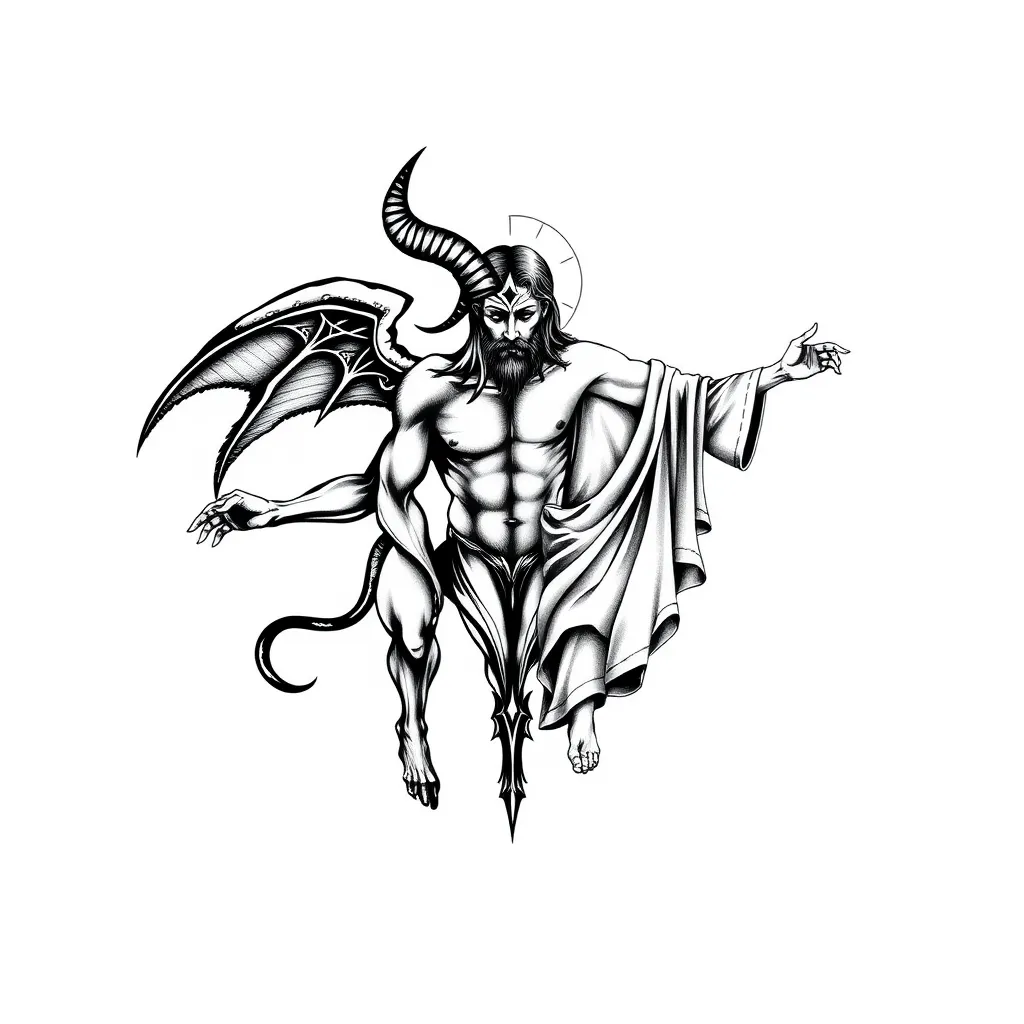 Diseño de tatuaje en color negro que muestra dos figuras completas y divididas a la mitad: en el lado izquierdo, la figura de Baphomet, con su cuerpo humanoide, patas de cabra, torso musculoso, y alas oscuras; en el lado derecho, la figura completa de Jesucristo, con un cuerpo humano realista, posición serena y brazos extendidos en señal de paz o redención. Las dos mitades están claramente separadas en un estilo simétrico, manteniendo la identidad y los detalles de cada figura, sin fusionarse. La composición es detallada, con un contraste fuerte entre el lado oscuro y el lado luminoso tatuagem