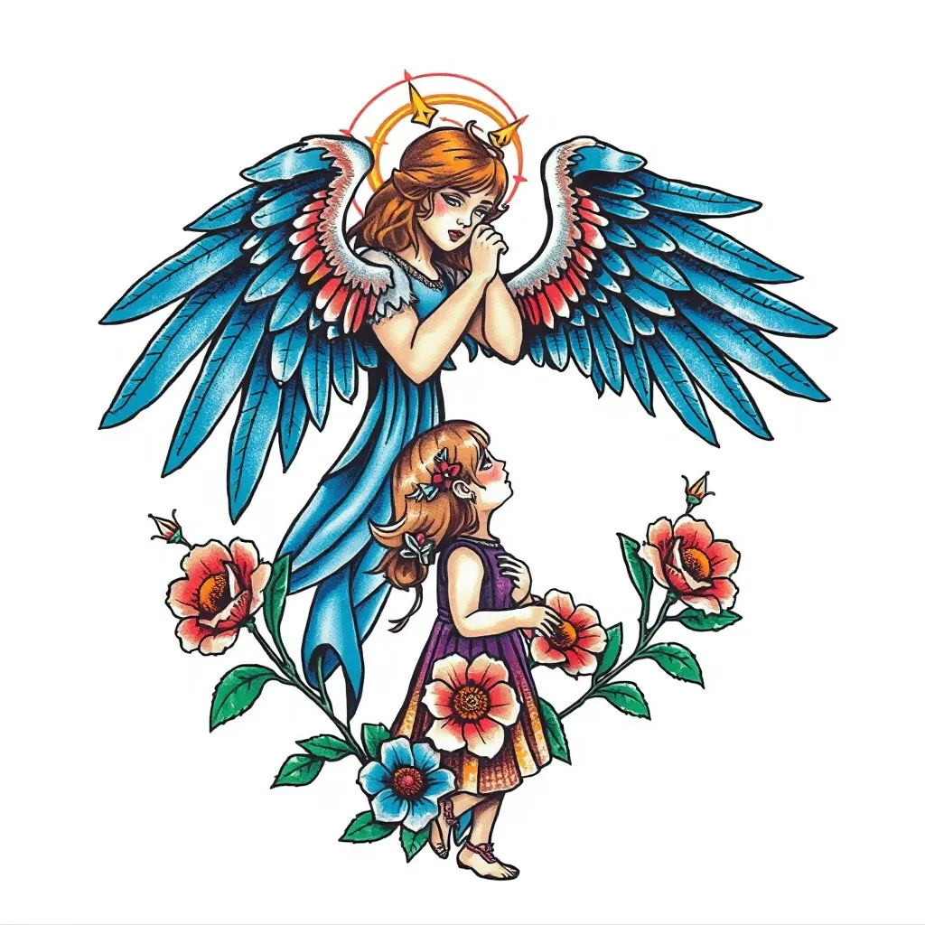 A blue-winged angel chanting a spell watches over a lonely girl whose head is blooming with many flowers.
 τατουάζ
