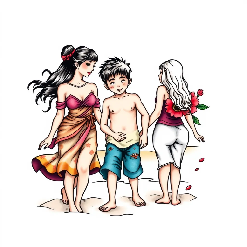 a boy and two girls on beach, the boy is in the middle tatuagem