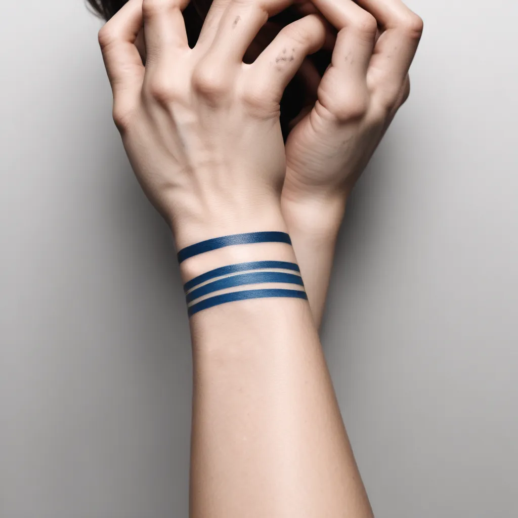 a bracelet-stripe is painted blue on the wrist tatuering