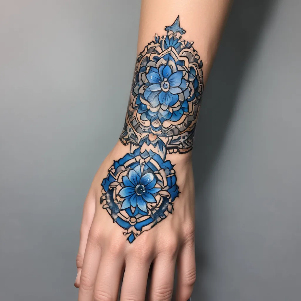 a bracelet-stripe is painted blue on the wrist وشم