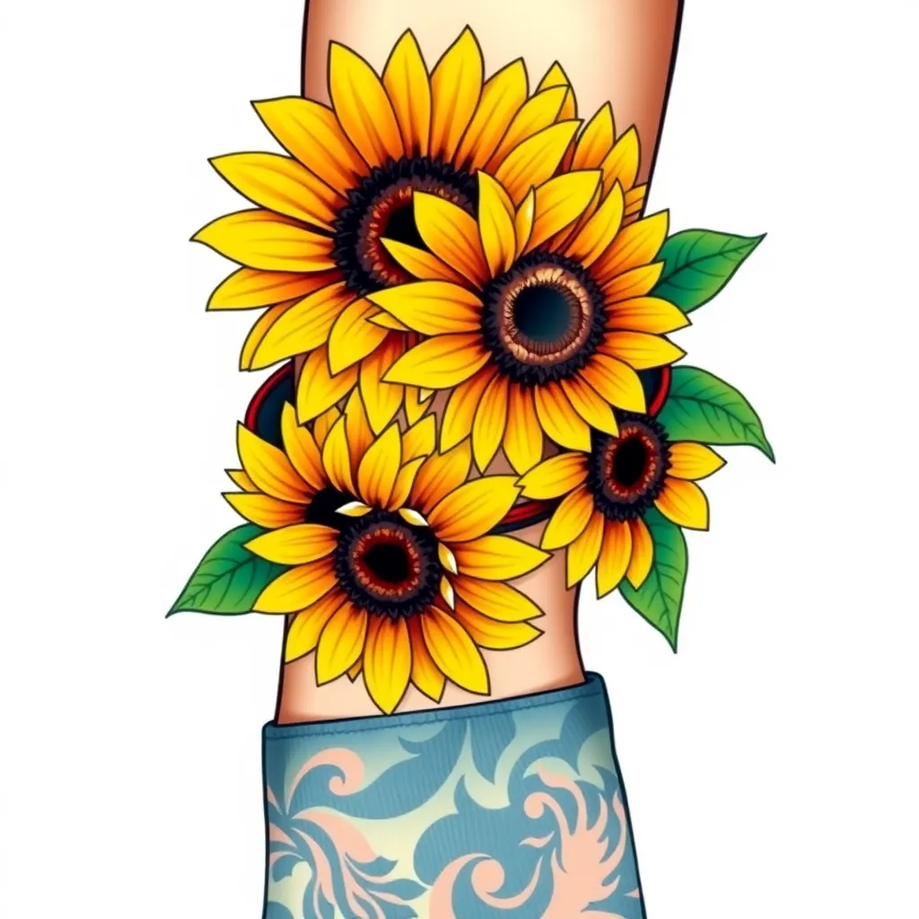 bracelete que circule todo o braço, com os girassóis de van gogh e bastante colorido e alegre. tatuagem