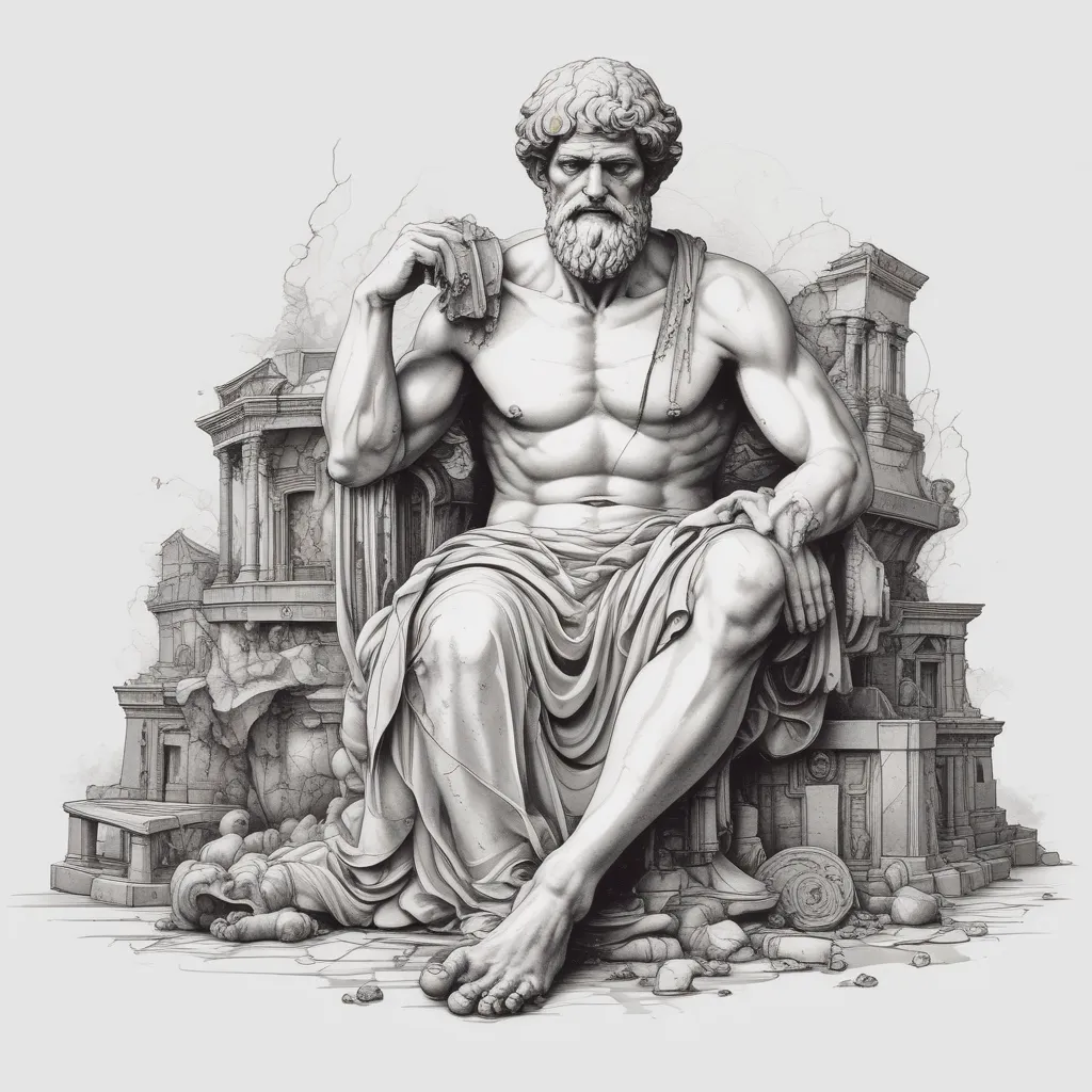 A broken statue of a significant Aristotle, lying in ruins. tattoo