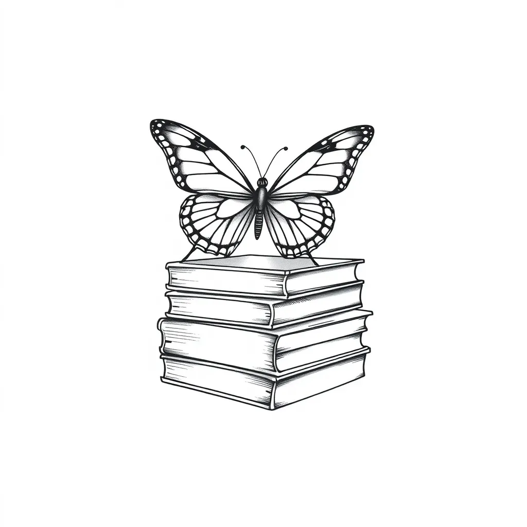 una mariposa en reposo sobre tres libros apilados tattoo