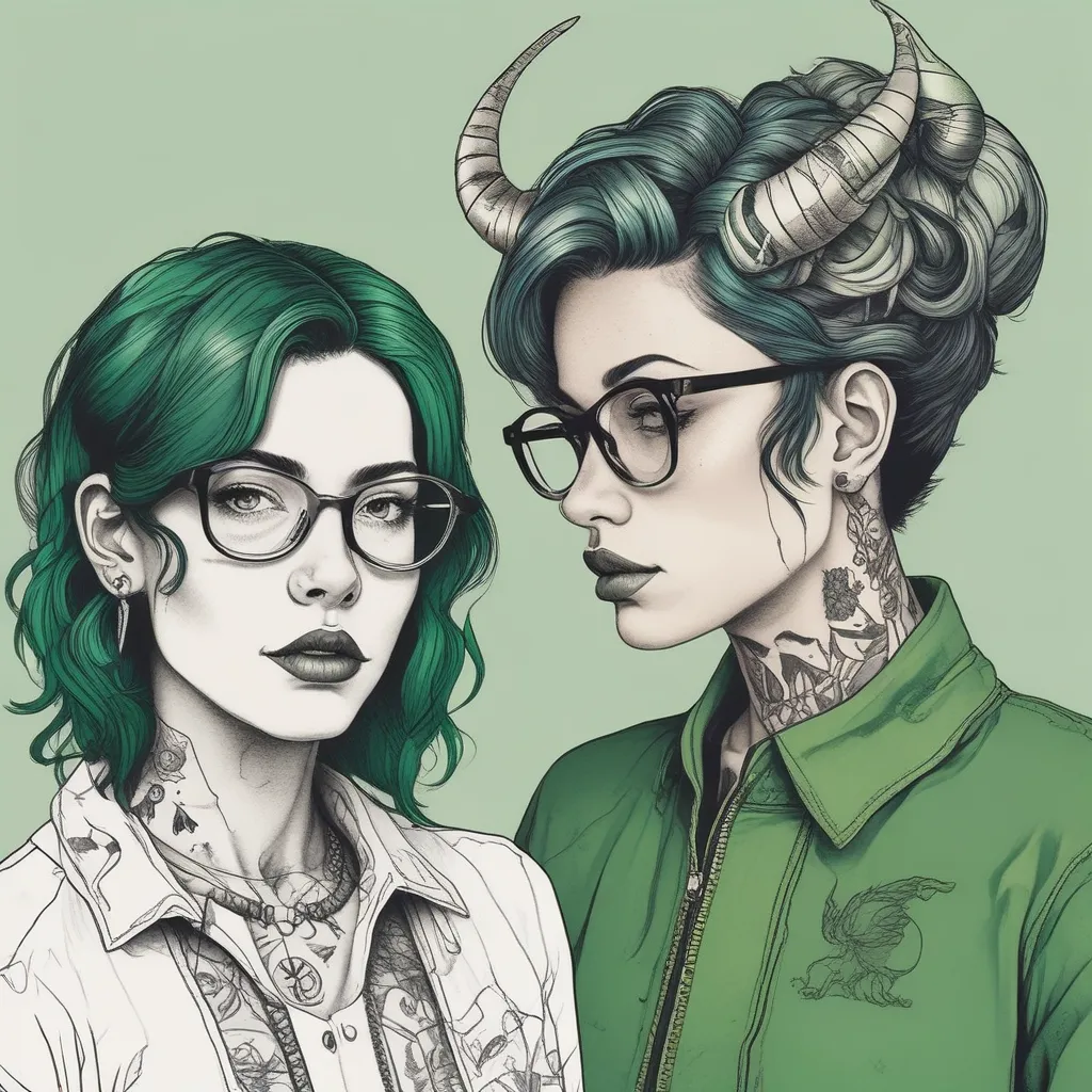 A captivating digital illustration of a young woman with green and black hair, horns, and large clear glasses. She dons a green jacket andhas long, green fingernails. The image is split in two by a jagged line, with the left side in black and white and the right side in vibrant red. The left side showcases a more innocent expression, while the right side reveals a fierce and rebellious demeanor. The woman gazes directly at the camera with a serious, confident, and intriguing expression. The artwork is rendered in a realistic style with a touch of surrealism, featuring bold lines, sharp edges, dramatic lighting, and textured surfaces. The composition is isolated on a white background, making it perfect for a poster or fashion-inspired design. tatuagem