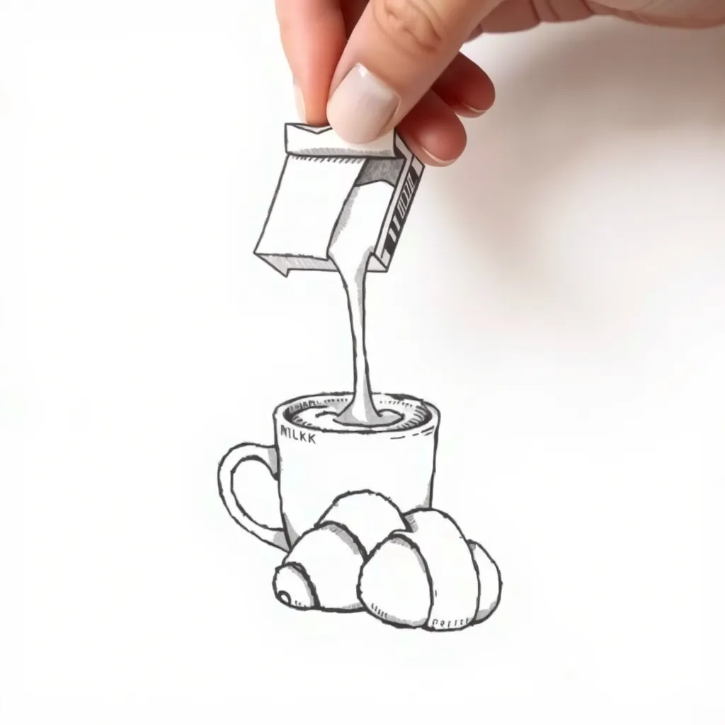 a carton of milk being poured into a cup with a croissant next to it  tatuointi