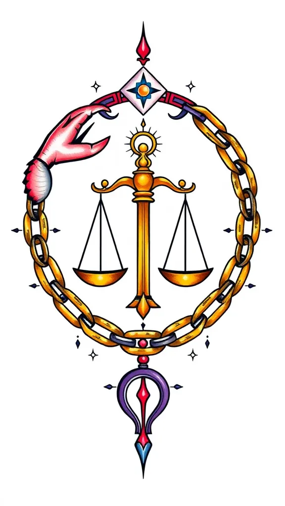 chaine reliant le signe astro du cancer, de la balance et du capricorne. Je voudrais que la balance soit au milieu et supporte les deux autres signes. J'aimerais que la chaine s'enroule autour des signes tatuagem