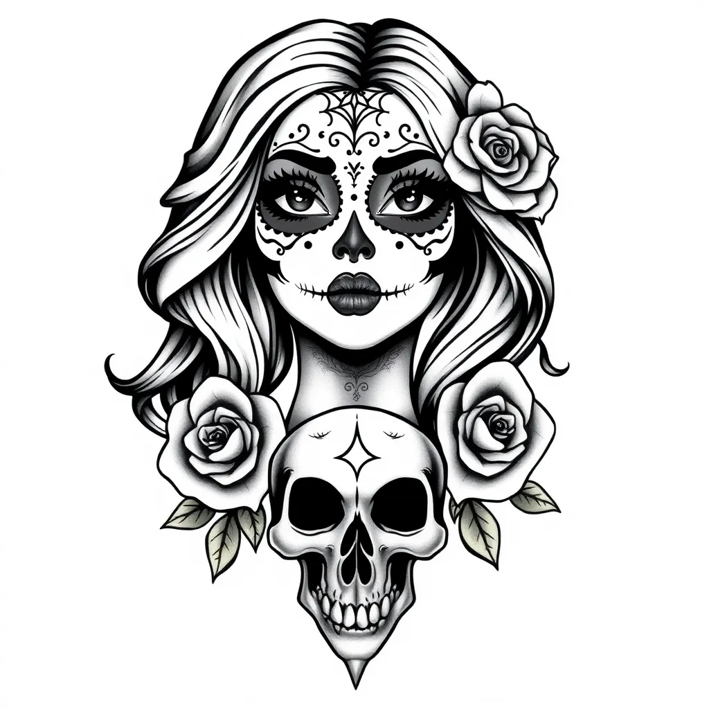 “A Chicano-style tattoo featuring a female face painted as a sugar skull (Day of the Dead), with long wavy hair, roses, and a skull at the bottom. Executed in black and gray with shading and high detail. The woman’s face has expressive eyes and is adorned with decorative elements such as a spider web on the forehead and patterns around the eyes.” 入れ墨