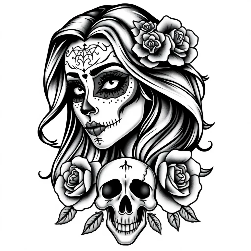 “A Chicano-style tattoo featuring a female face painted as a sugar skull (Day of the Dead), with long wavy hair, roses, and a skull at the bottom. Executed in black and gray with shading and high detail. The woman’s face has expressive eyes and is adorned with decorative elements such as a spider web on the forehead and patterns around the eyes.” 入れ墨