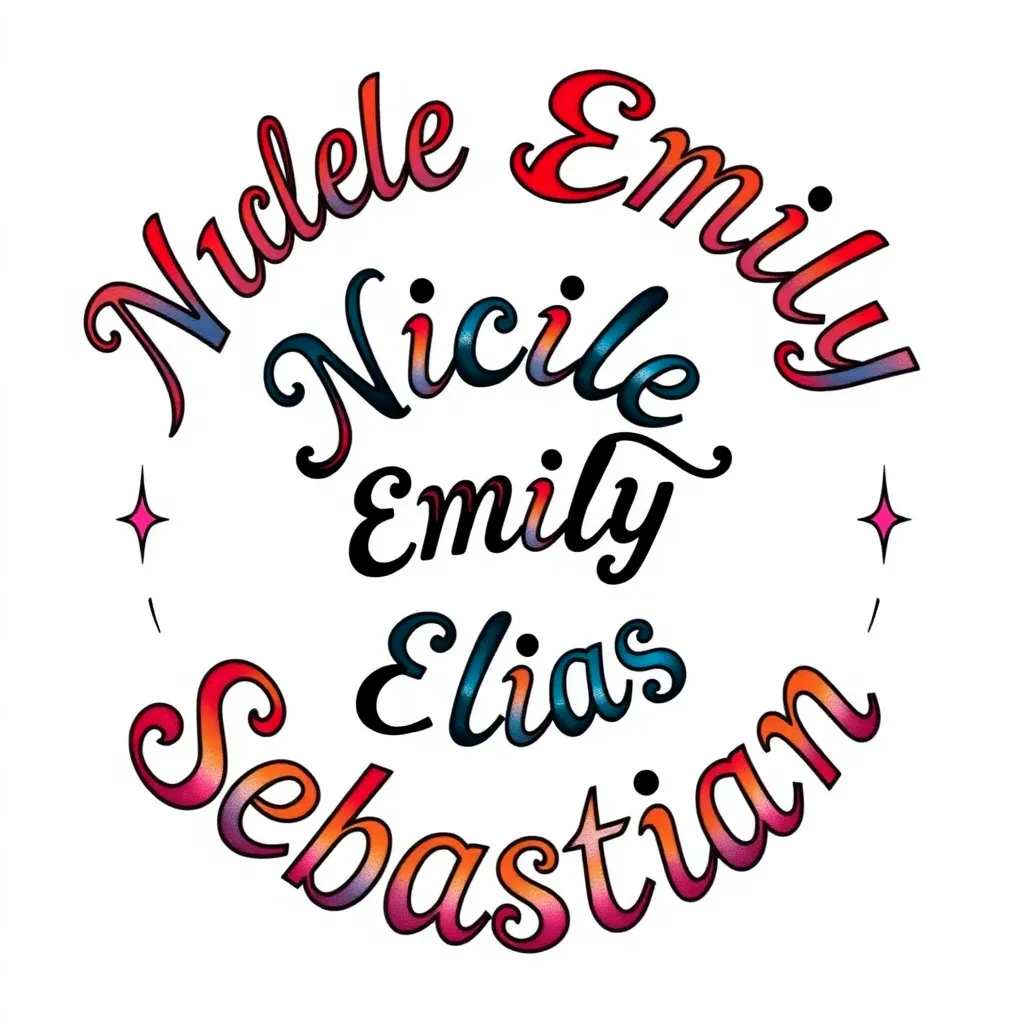 Ein Aus Namen gebildeter Kreis. Der Kreis soll die Namen Nicole, Emily, Elias, Sebastian enthalten tattoo