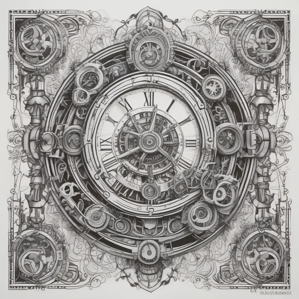 A clock showing a few minutes to midnight, surrounded by broken gears and mechanical parts tatouage